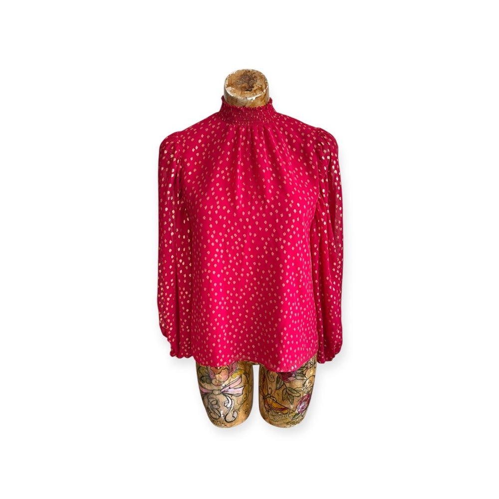 MSK blouse top red gold high neck small sheer sleeves small